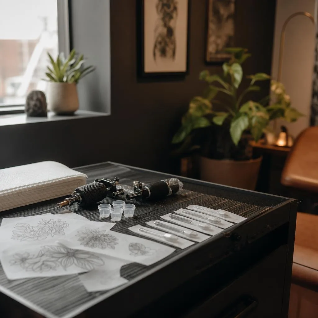 A tidy tattoo station with sterilized tools and stencils