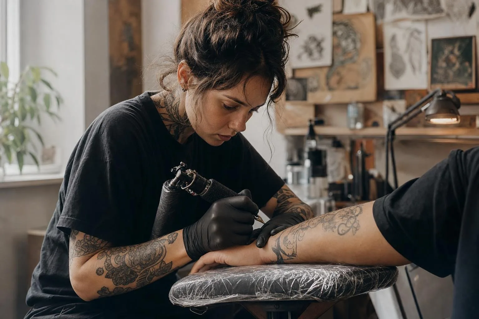 A tattoo artist's studio station with machines and inks laid out